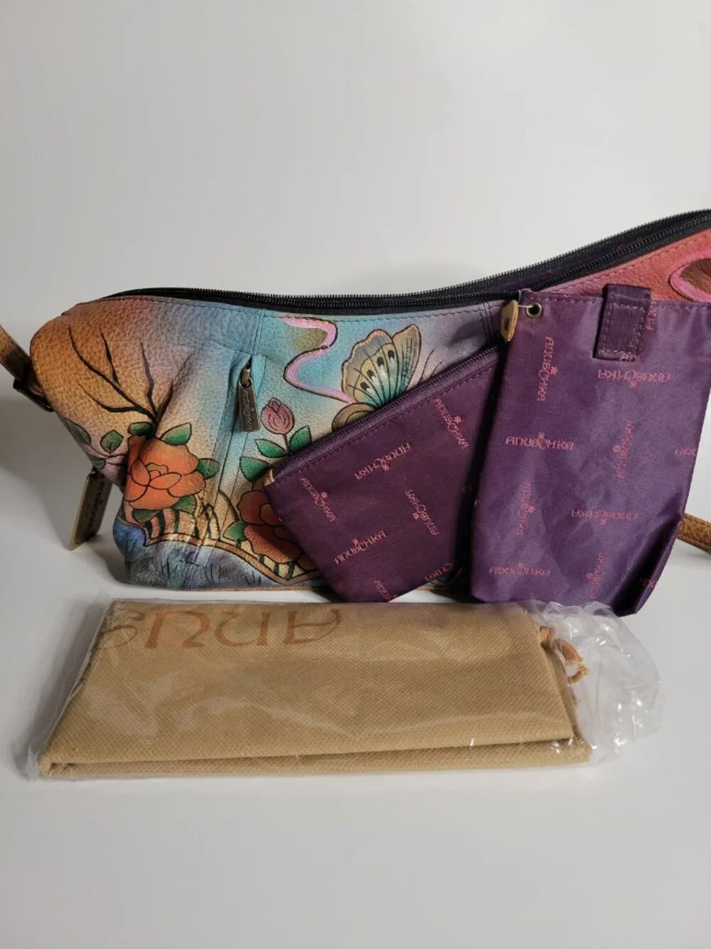 ANUSCHKA Painted Genuine Leather Hobo Shoulder Bag Tan Flowers Butterflies Purse